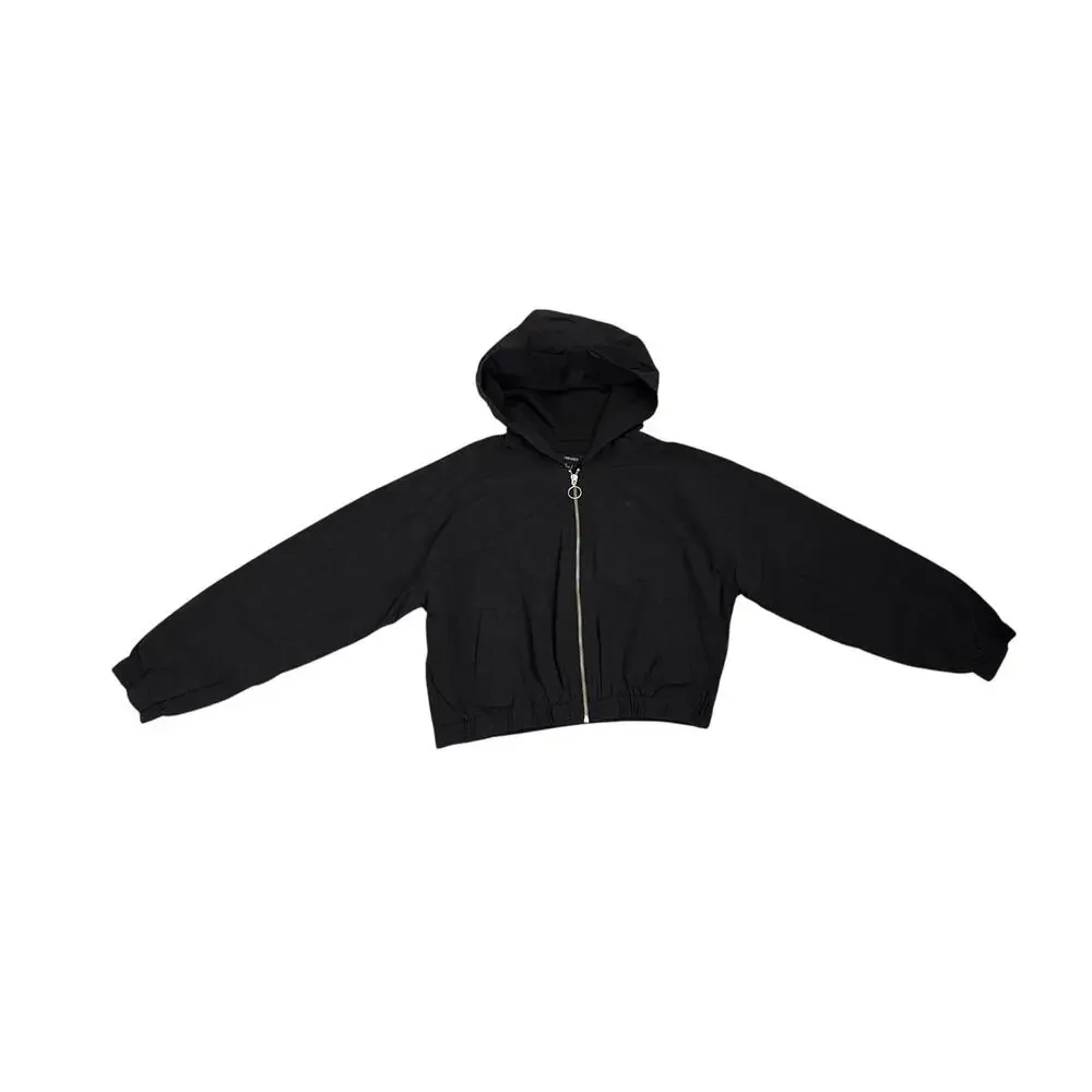 Forever 21 Black Hooded Zip Up Windbreaker Jacket Size Women's Large